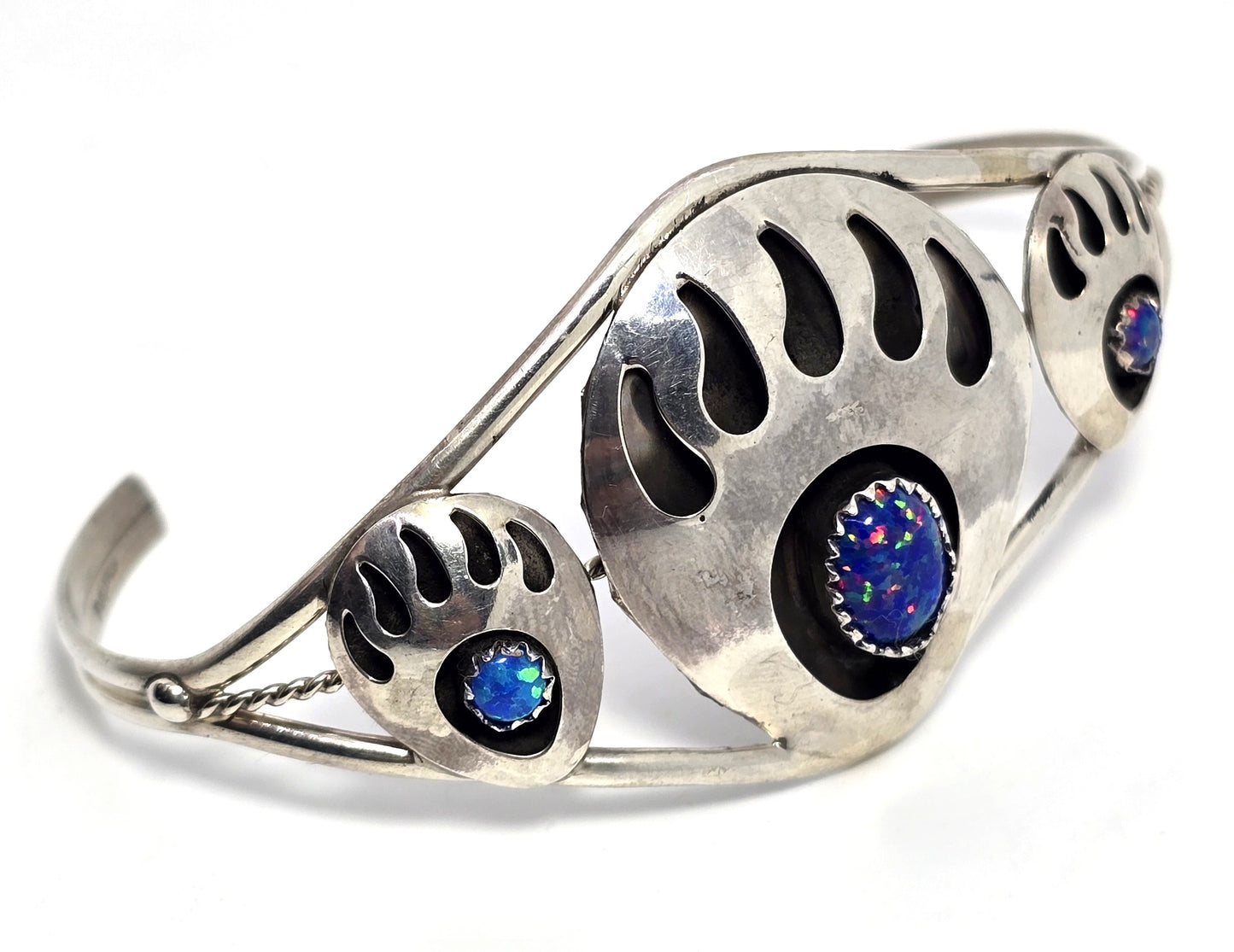 Navajo triple bear paw blue fire opal vintage sterling silver cuff bracelet