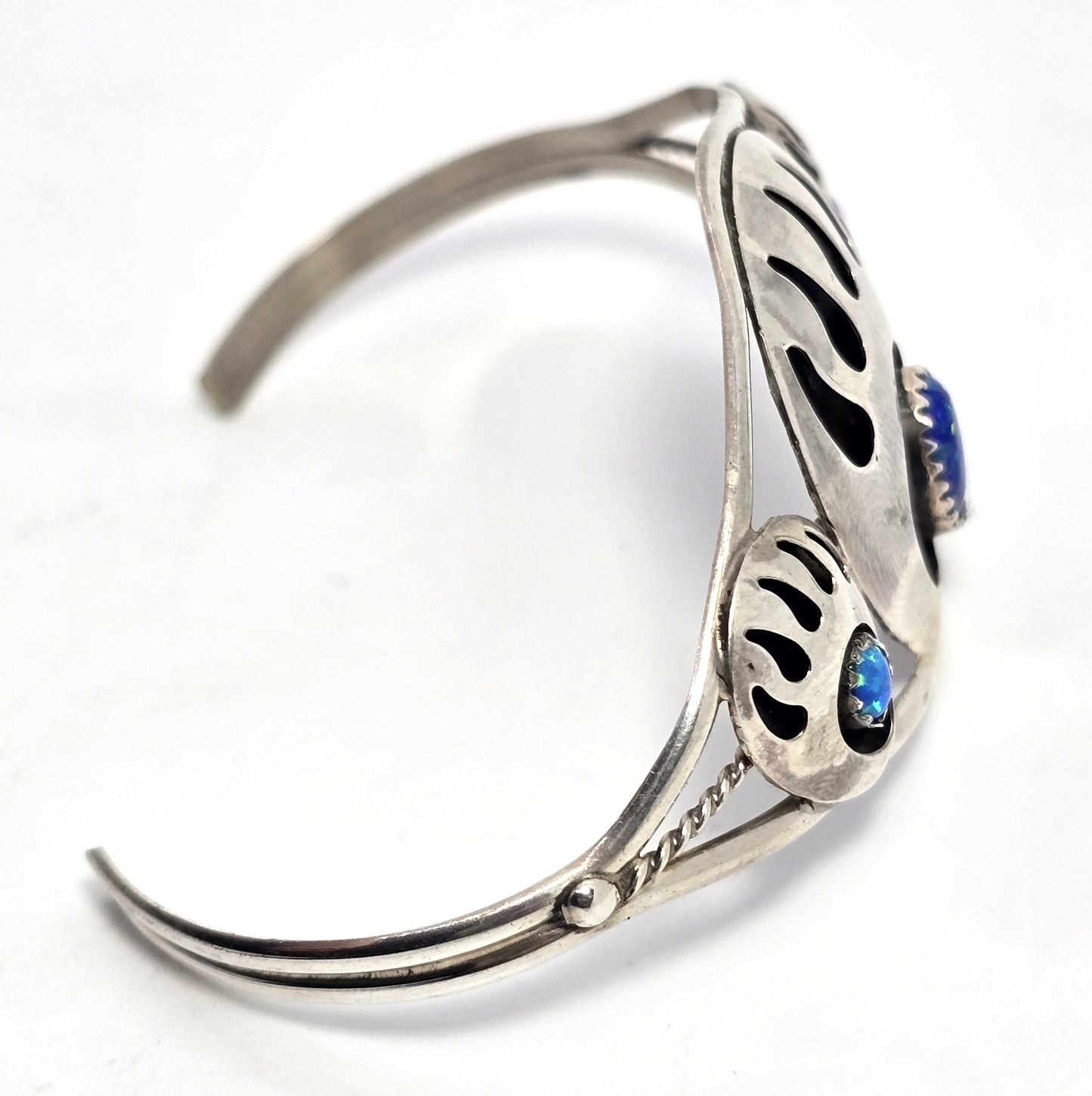 Navajo triple bear paw blue fire opal vintage sterling silver cuff bracelet