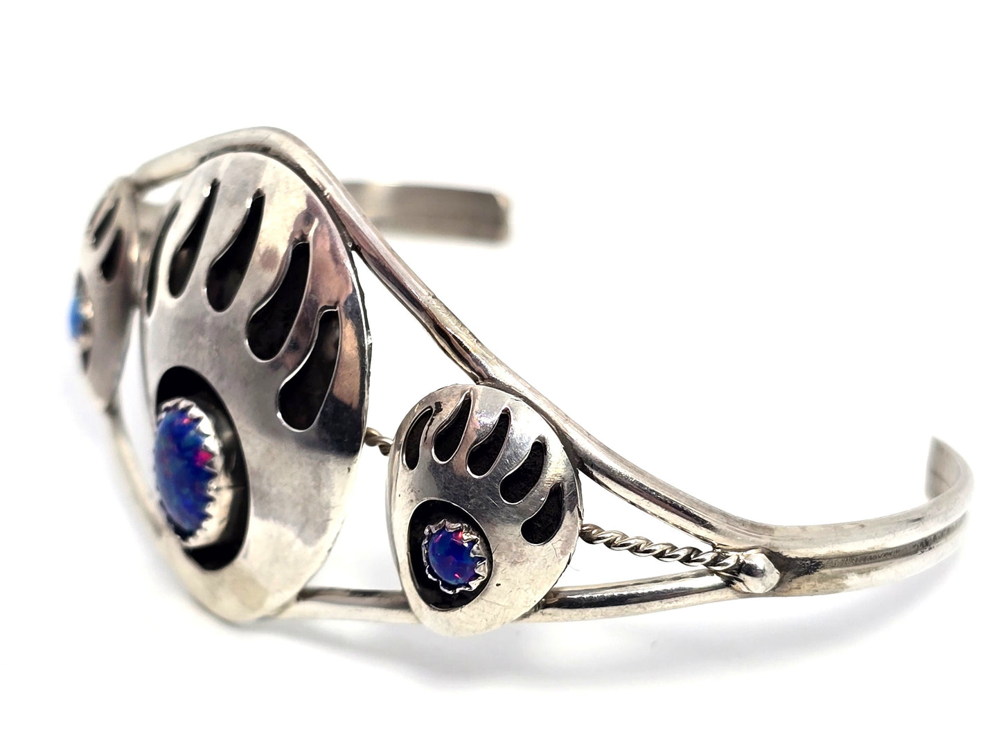 Navajo triple bear paw blue fire opal vintage sterling silver cuff bracelet