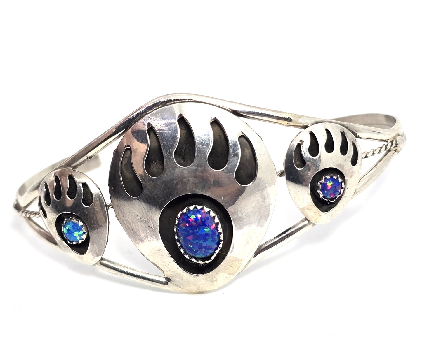 Navajo triple bear paw blue fire opal vintage sterling silver cuff bracelet