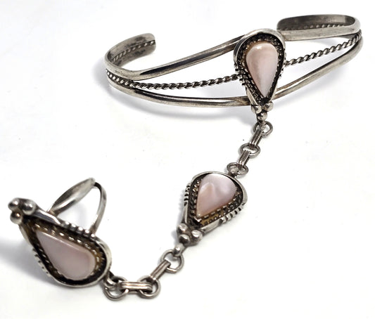 Navajo Pink slipper shell vintage sterling slave bracelet ring set size 4.75