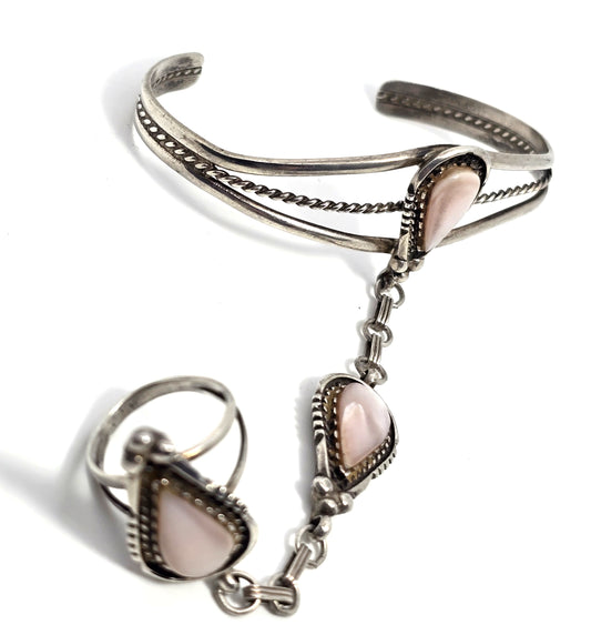 Navajo Pink slipper shell vintage sterling slave bracelet ring set size 4.75