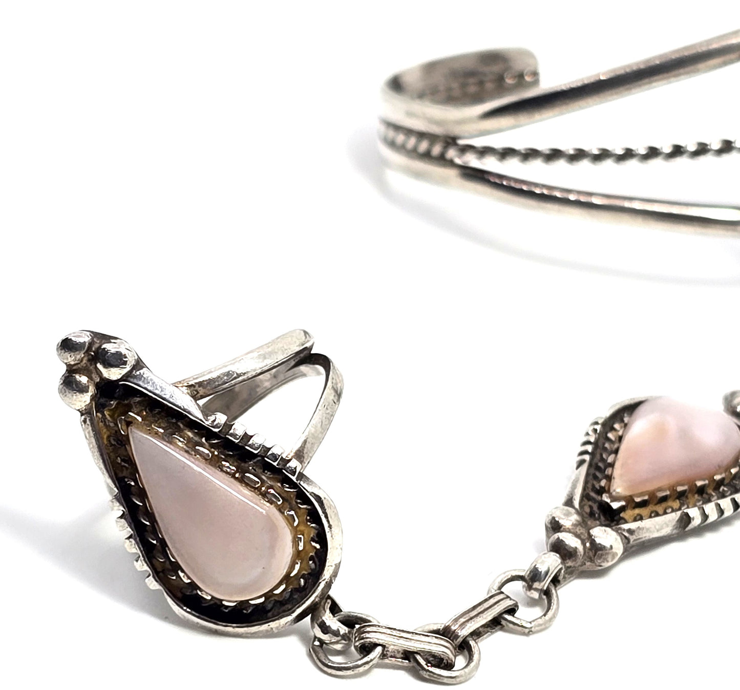 Navajo Pink slipper shell vintage sterling slave bracelet ring set size 4.75