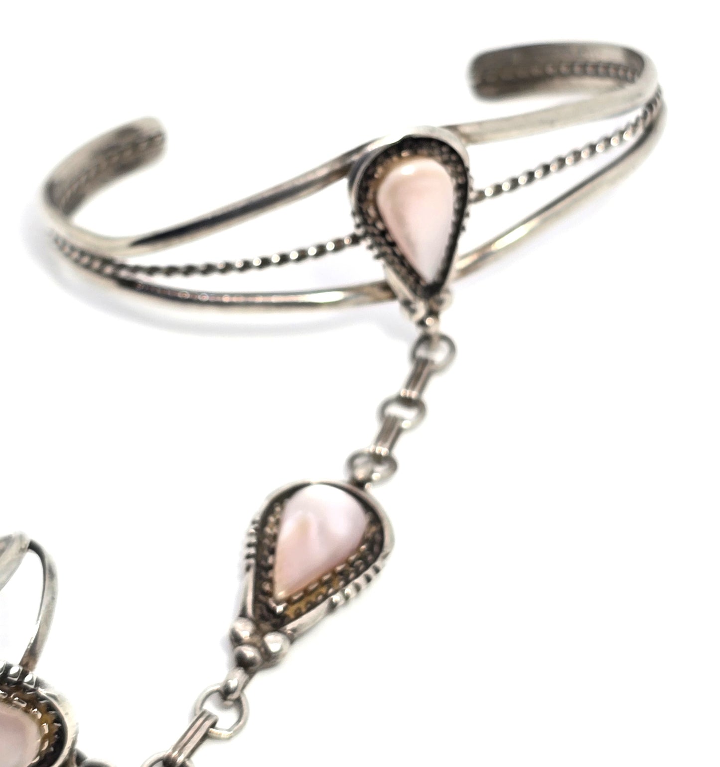 Navajo Pink slipper shell vintage sterling slave bracelet ring set size 4.75