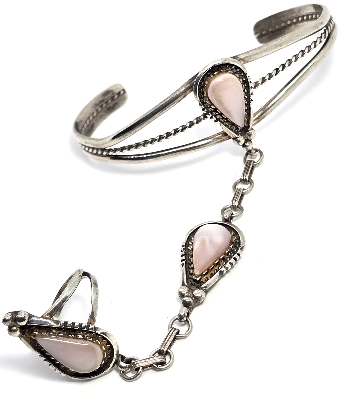 Navajo Pink slipper shell vintage sterling slave bracelet ring set size 4.75