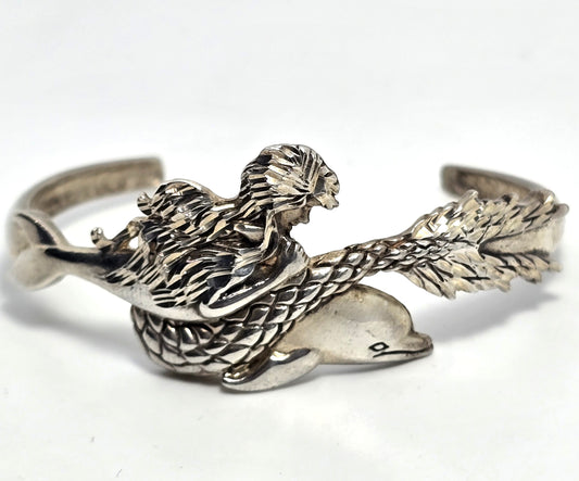 Mermaid riding dolphin sterling silver Ocean sea life cuff bracelet