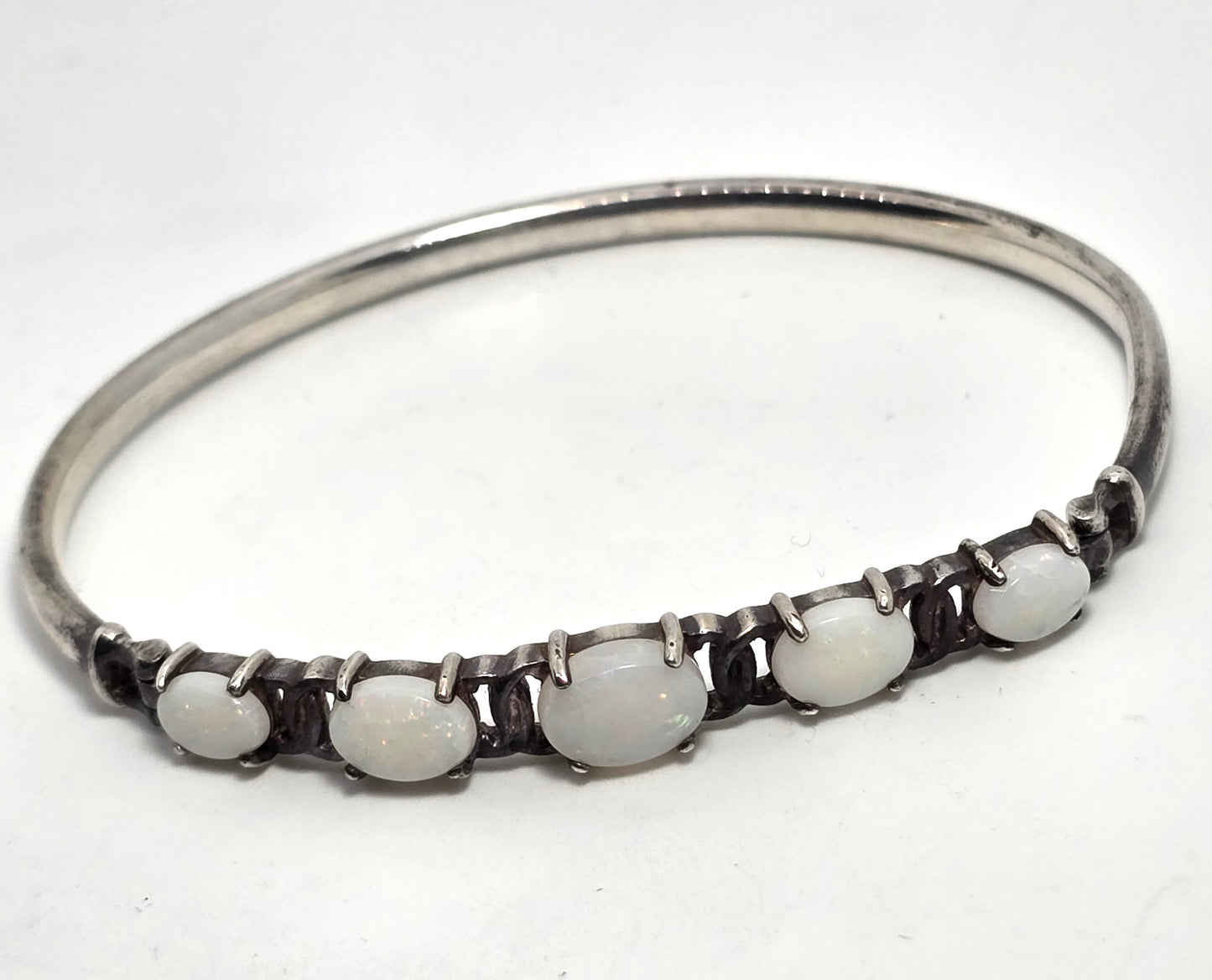 White Fire opal 5 stone hinged sterling silver vintage bangle bracelet