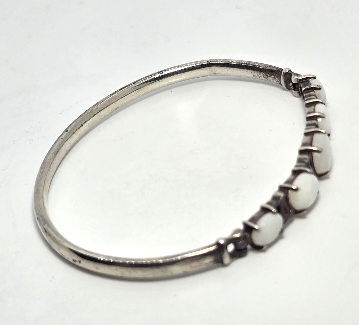 White Fire opal 5 stone hinged sterling silver vintage bangle bracelet