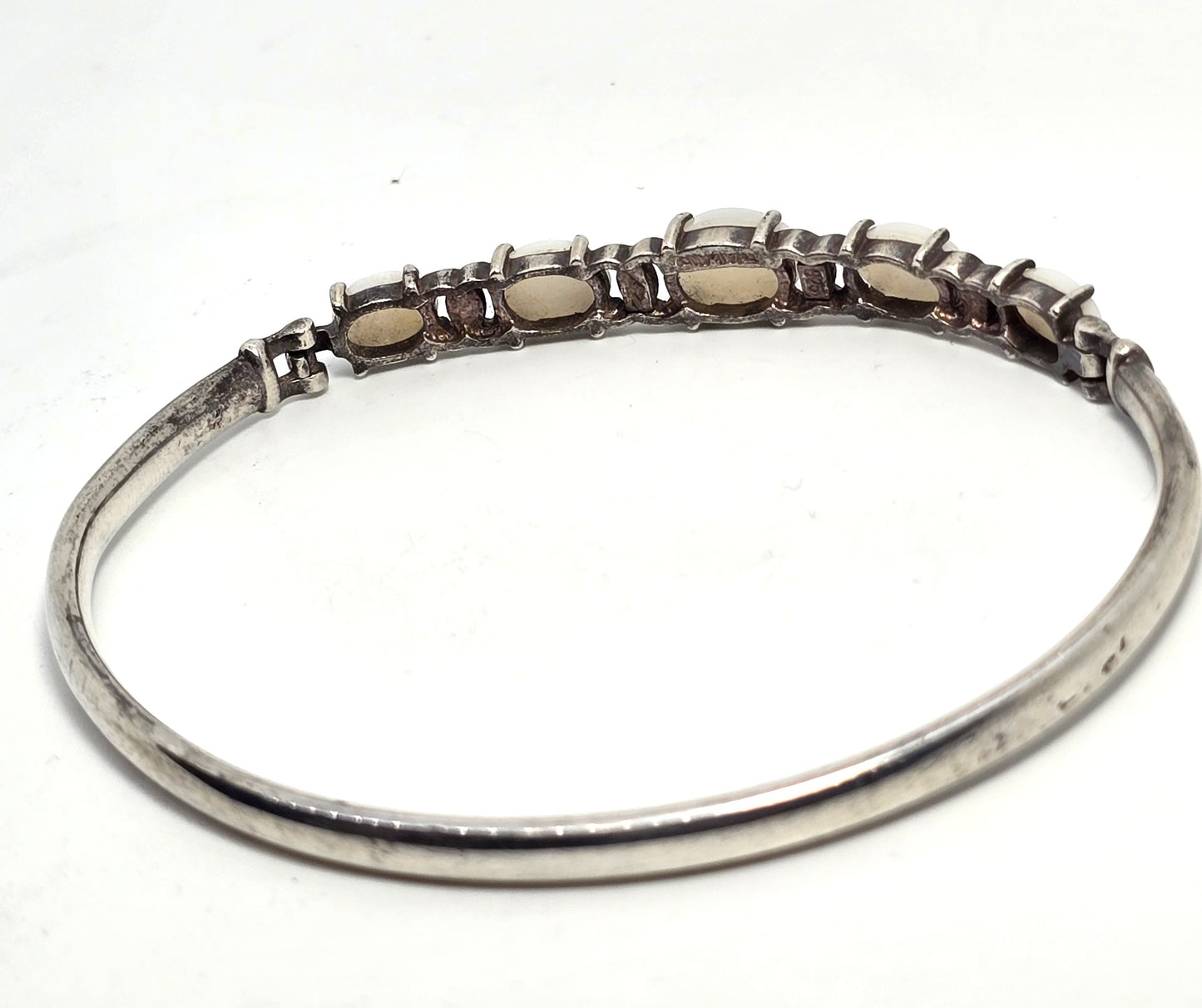 White Fire opal 5 stone hinged sterling silver vintage bangle bracelet