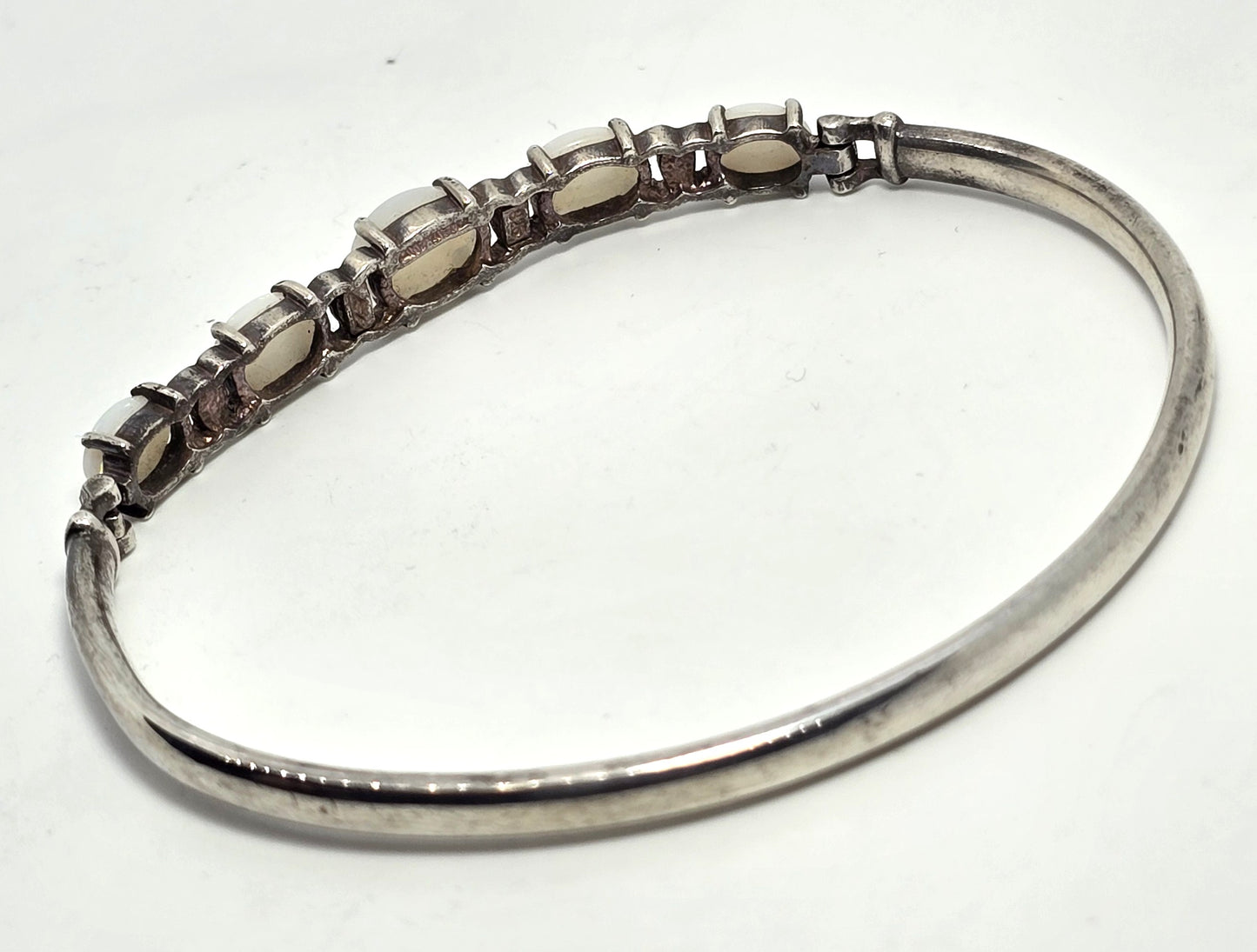 White Fire opal 5 stone hinged sterling silver vintage bangle bracelet