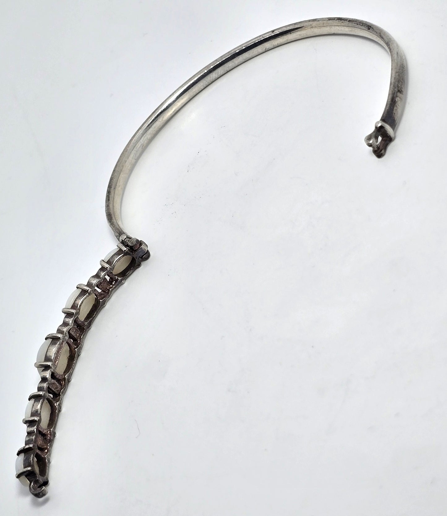 White Fire opal 5 stone hinged sterling silver vintage bangle bracelet