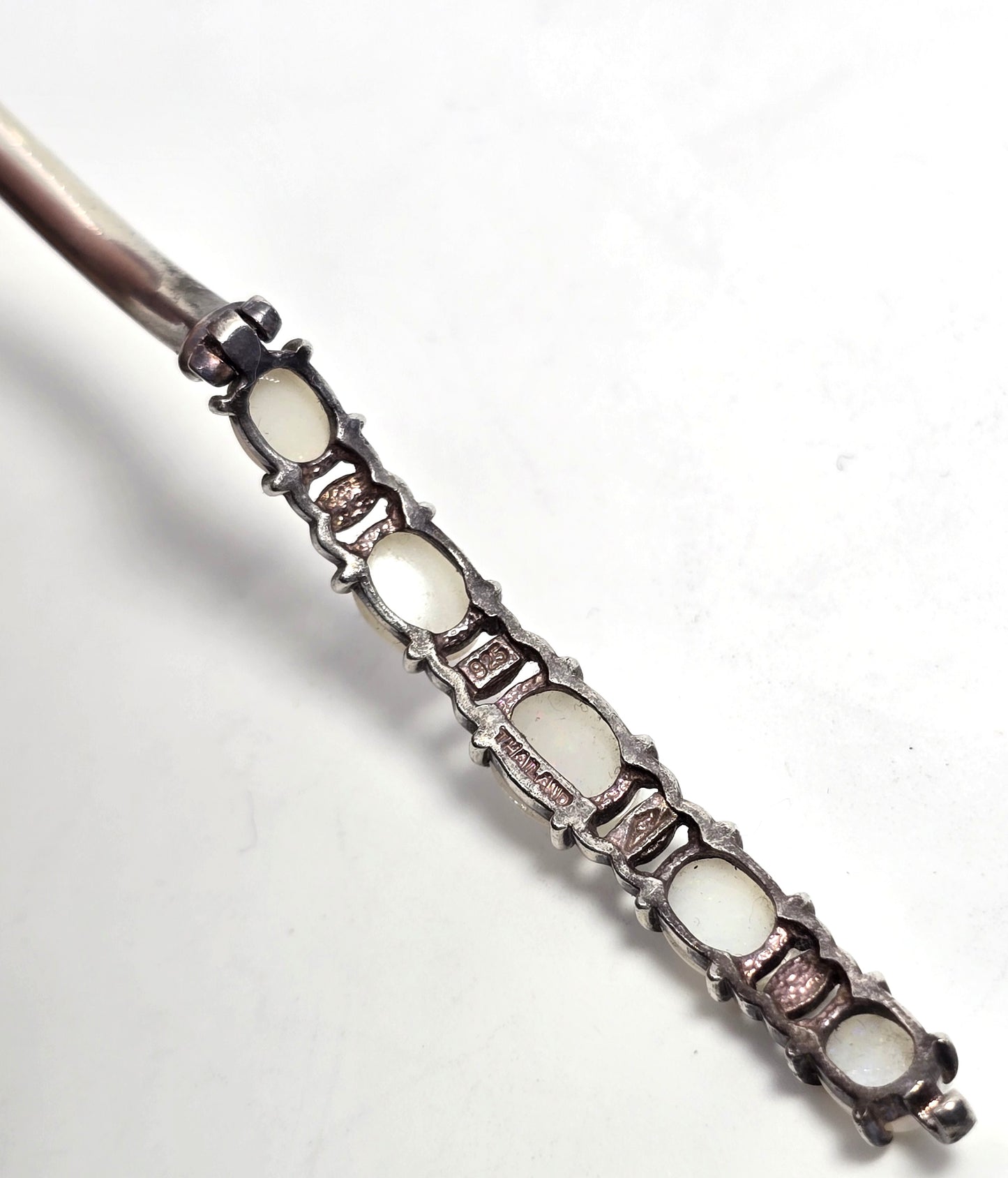 White Fire opal 5 stone hinged sterling silver vintage bangle bracelet