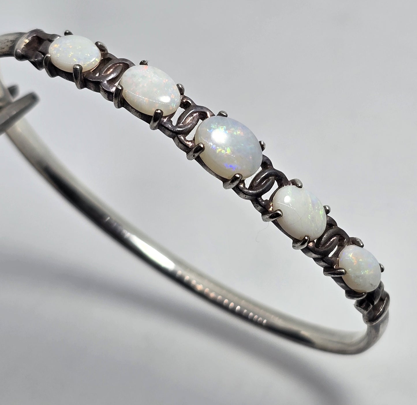 White Fire opal 5 stone hinged sterling silver vintage bangle bracelet