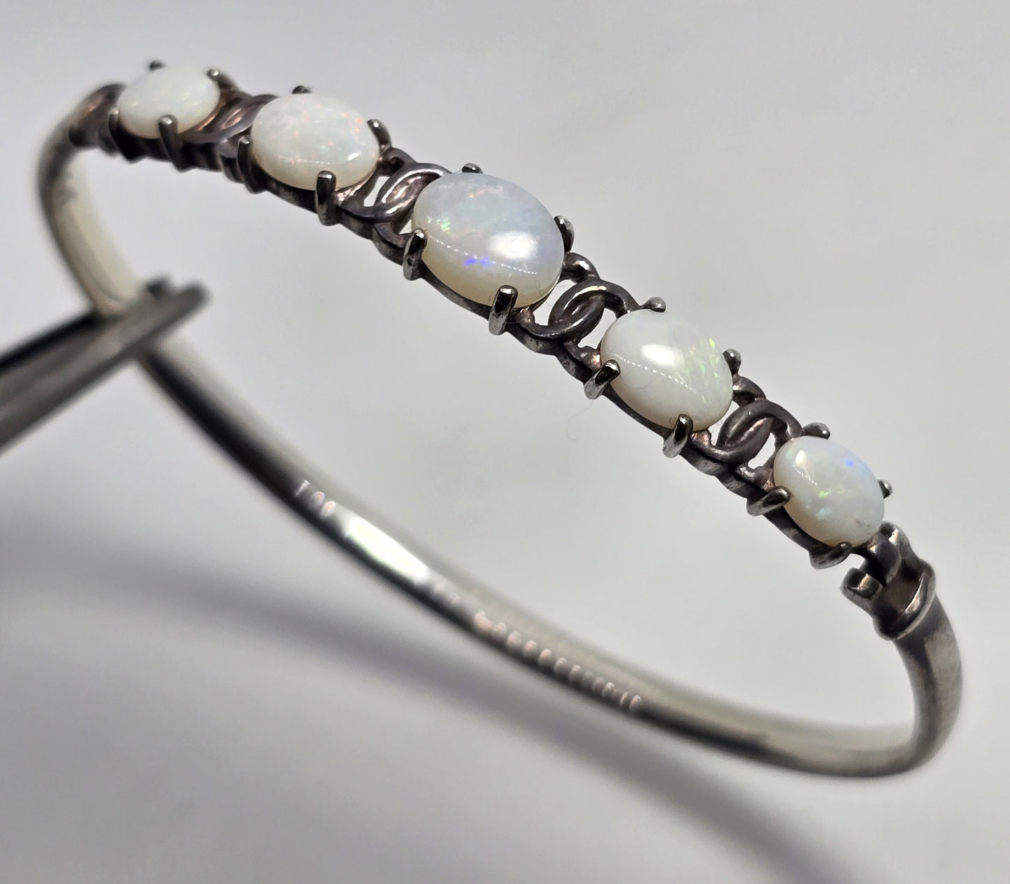 White Fire opal 5 stone hinged sterling silver vintage bangle bracelet