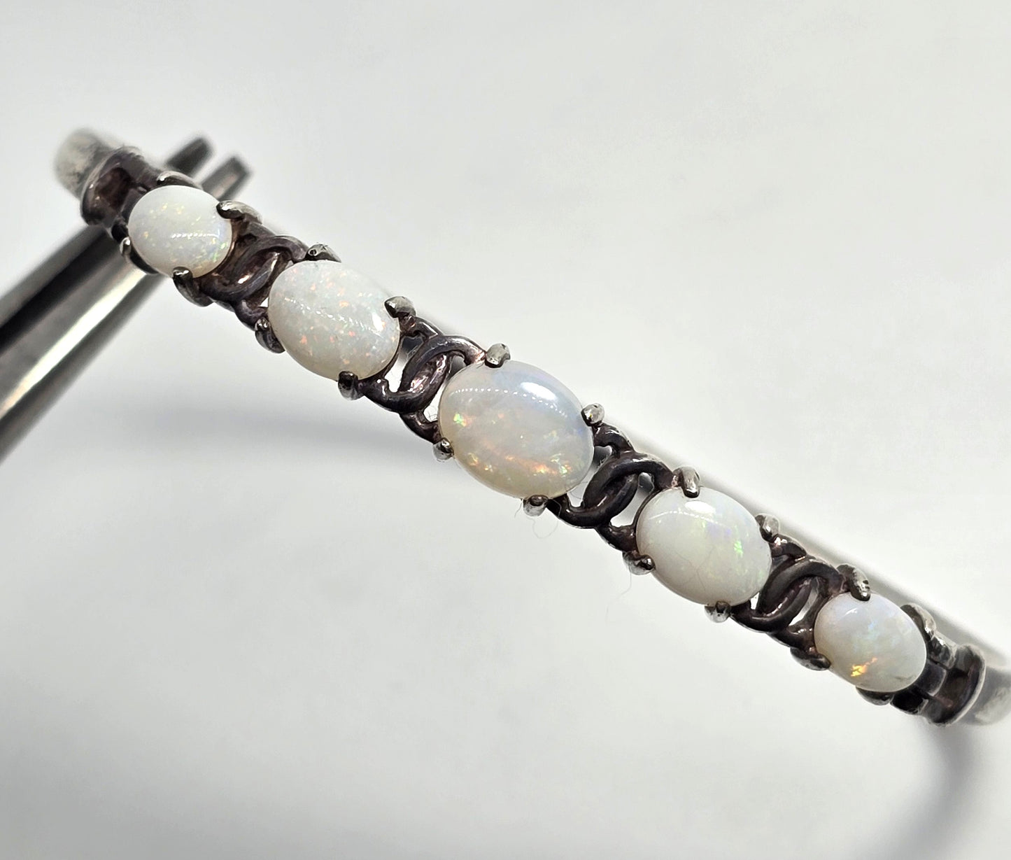 White Fire opal 5 stone hinged sterling silver vintage bangle bracelet