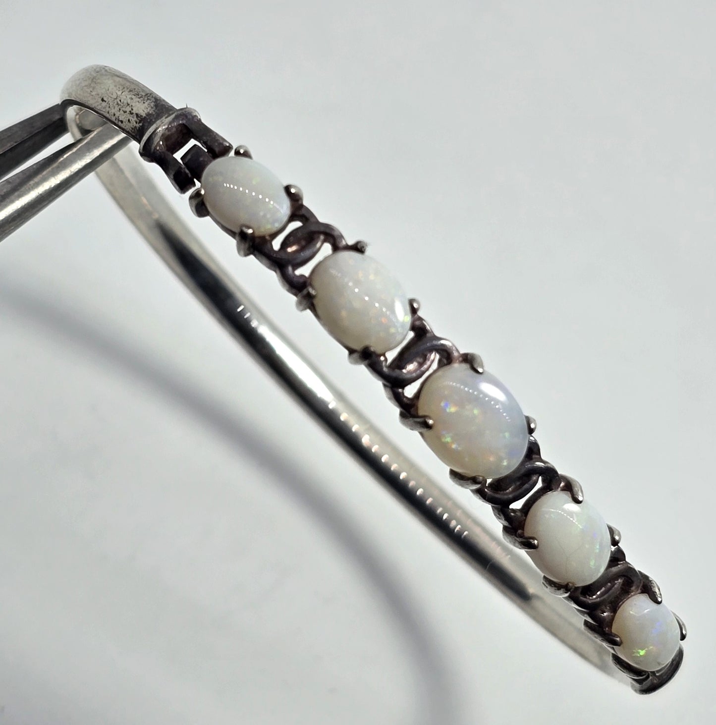 White Fire opal 5 stone hinged sterling silver vintage bangle bracelet