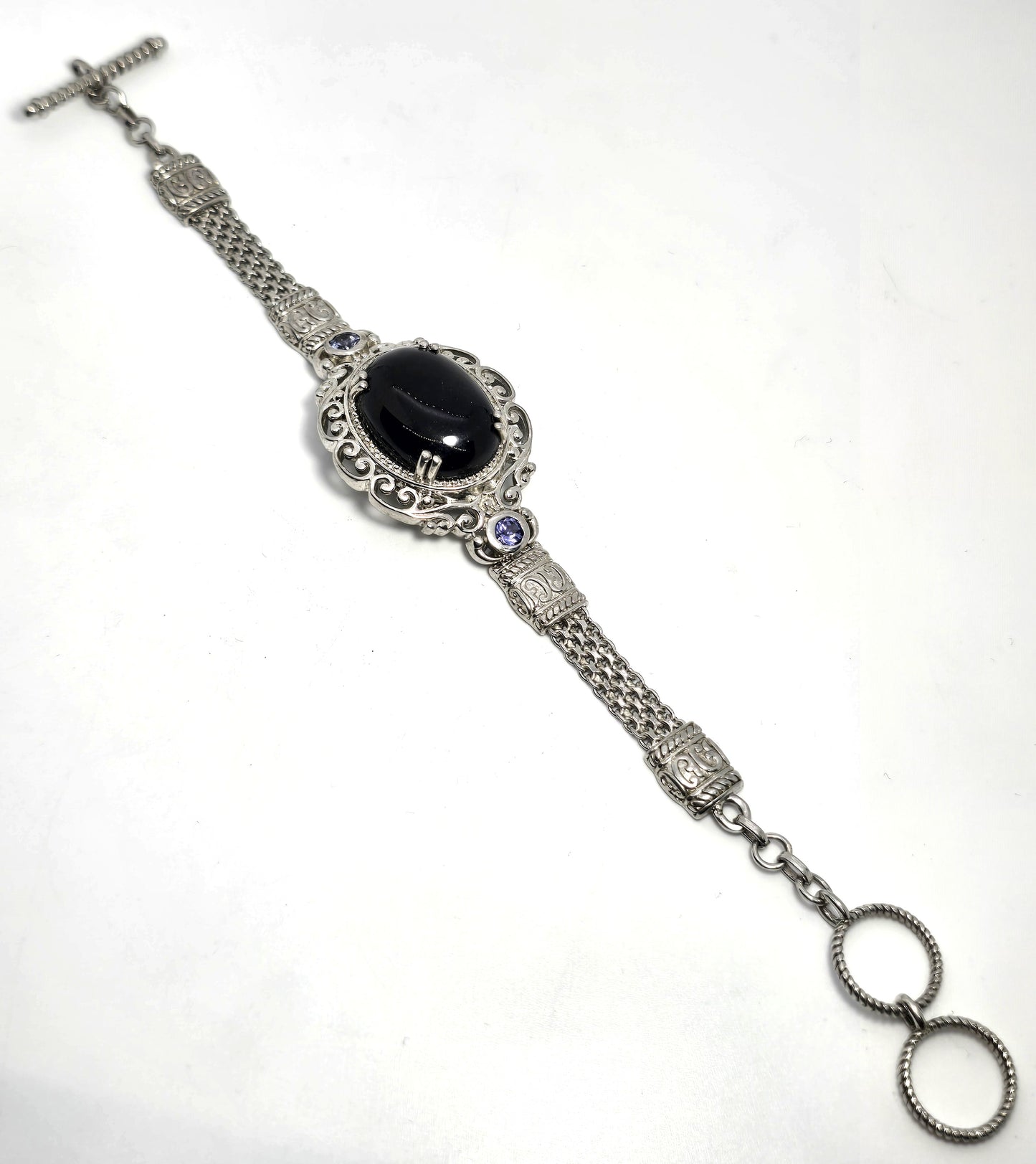 Black and blue Tanzanite rhodium plated sterling silver toggle bracelet STS