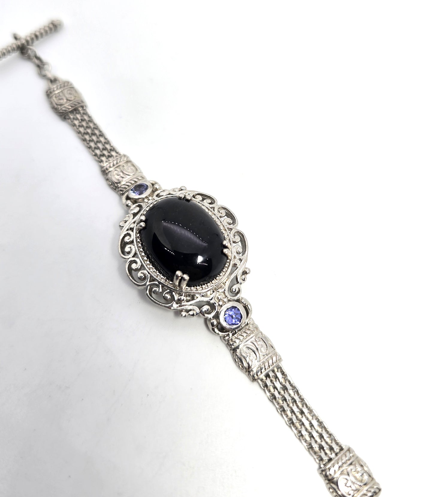 Black and blue Tanzanite rhodium plated sterling silver toggle bracelet STS