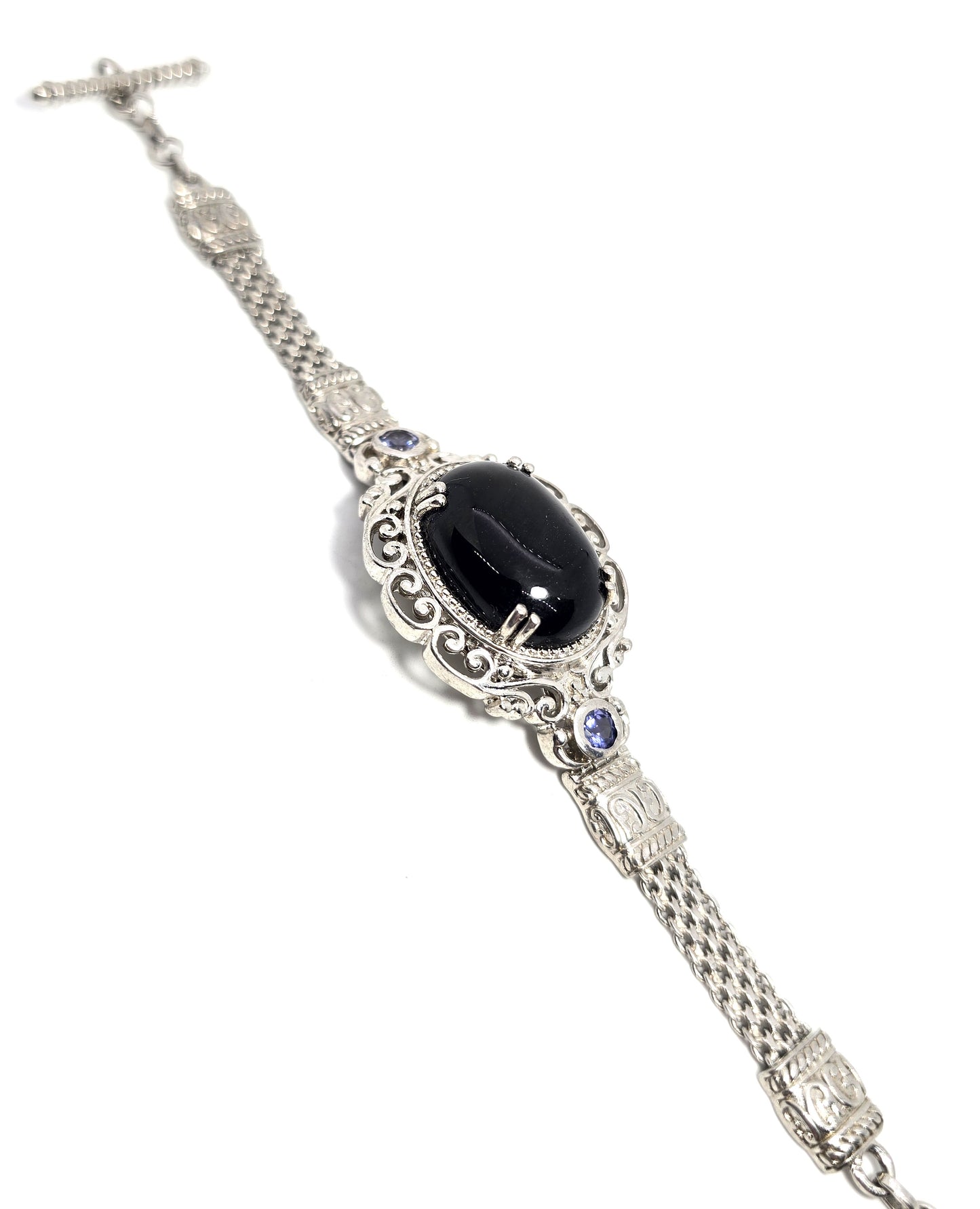 Black and blue Tanzanite rhodium plated sterling silver toggle bracelet STS