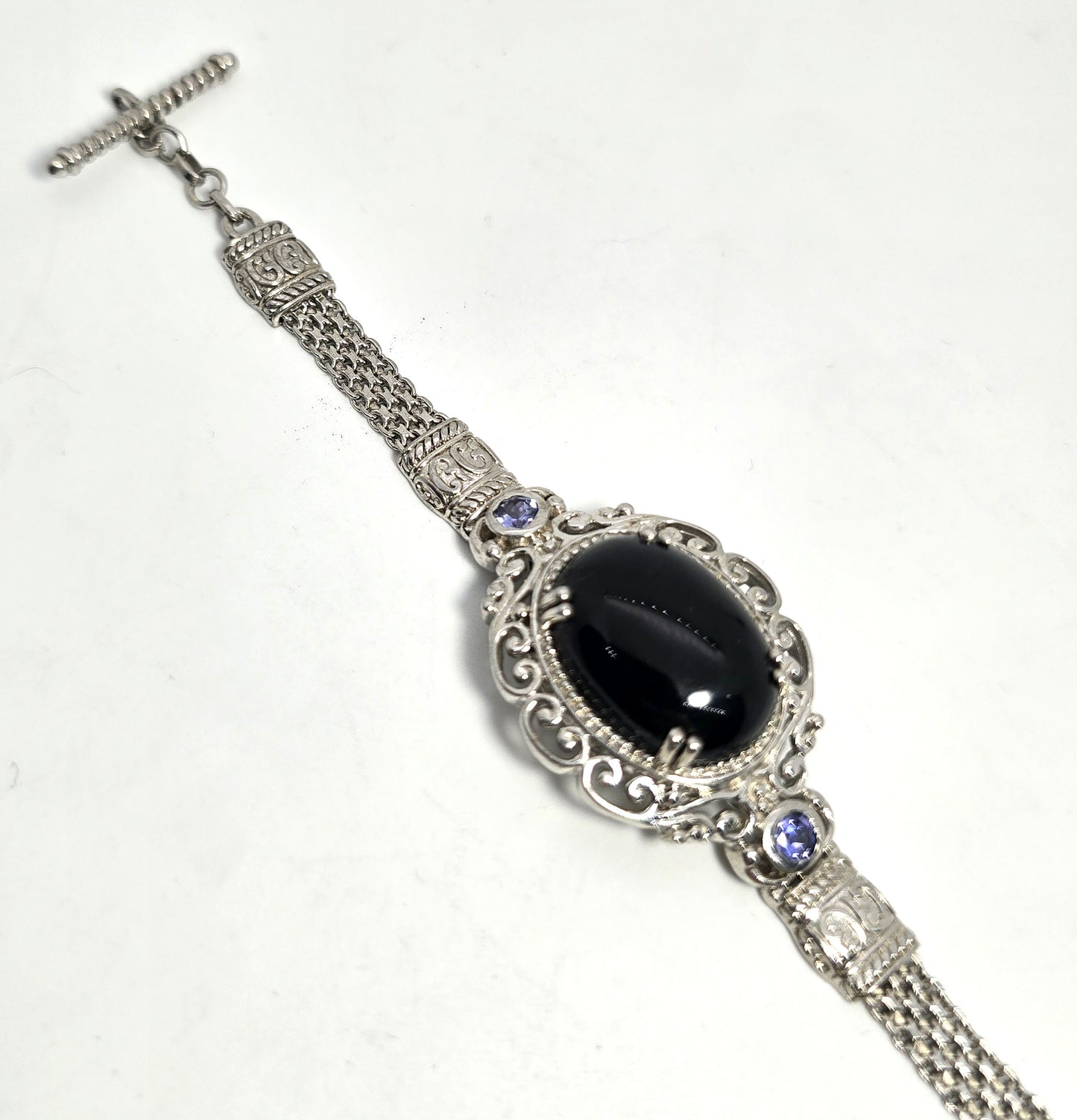 Black and blue Tanzanite rhodium plated sterling silver toggle bracelet STS