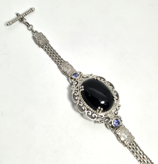 Black and blue Tanzanite rhodium plated sterling silver toggle bracelet STS