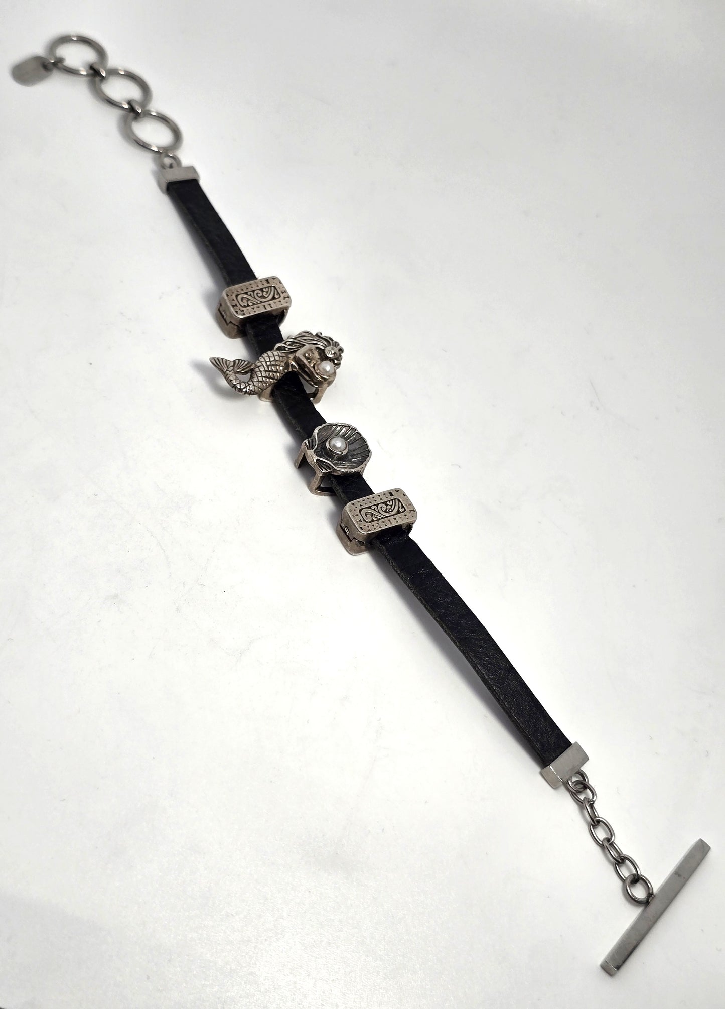 Lori Bonn Retired  mermaid pearl sterling silver leather signed toggle bracelet