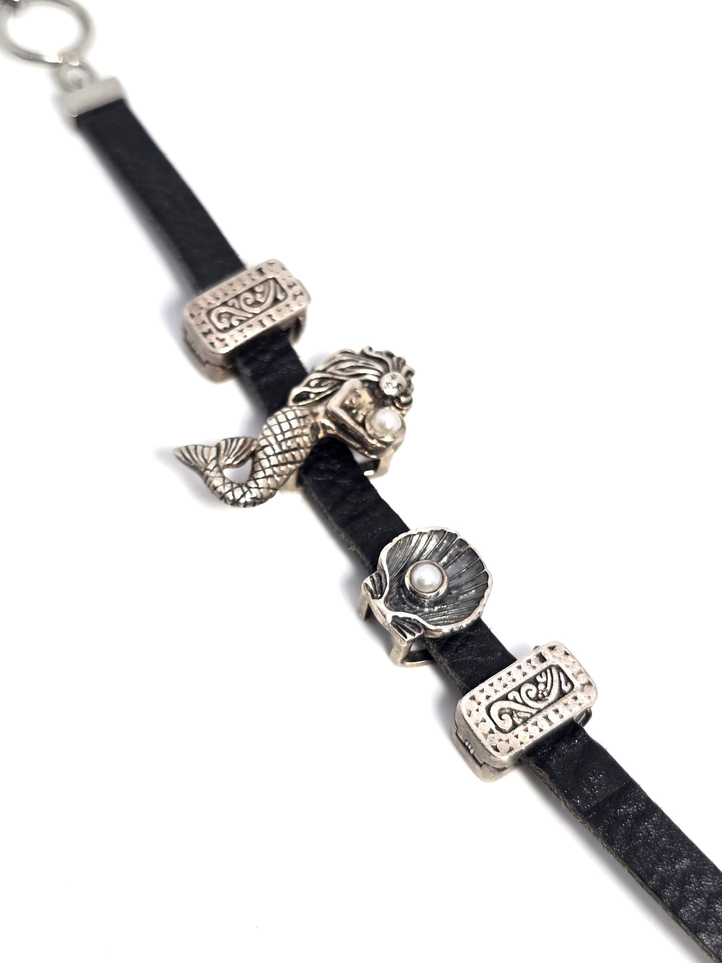 Lori Bonn Retired  mermaid pearl sterling silver leather signed toggle bracelet