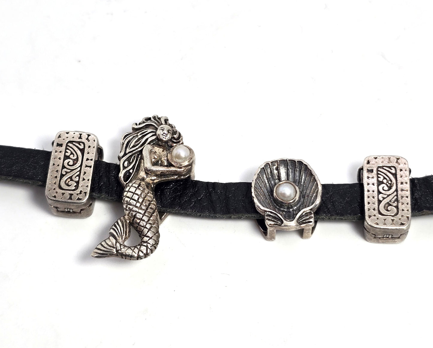 Lori Bonn Retired  mermaid pearl sterling silver leather signed toggle bracelet