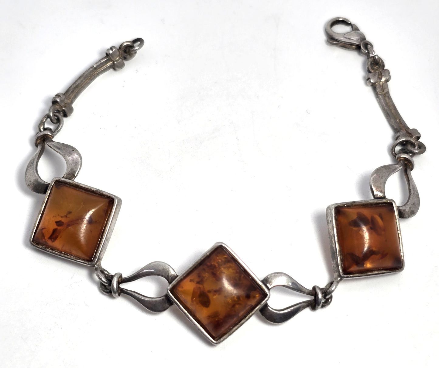 Modernist Baltic Amber Three panel vintage sterling silver tennis bracelet