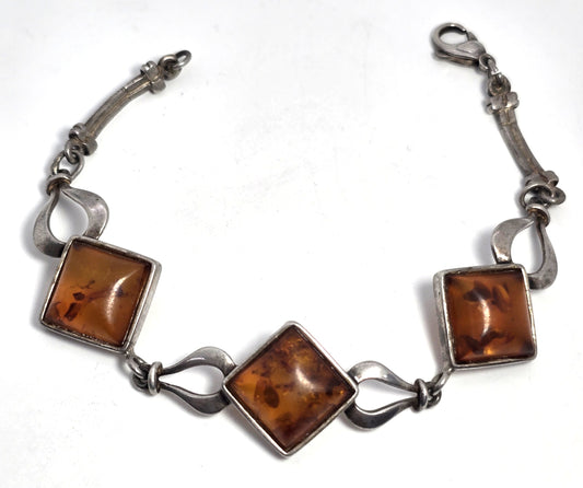 Modernist Baltic Amber Three panel vintage sterling silver tennis bracelet
