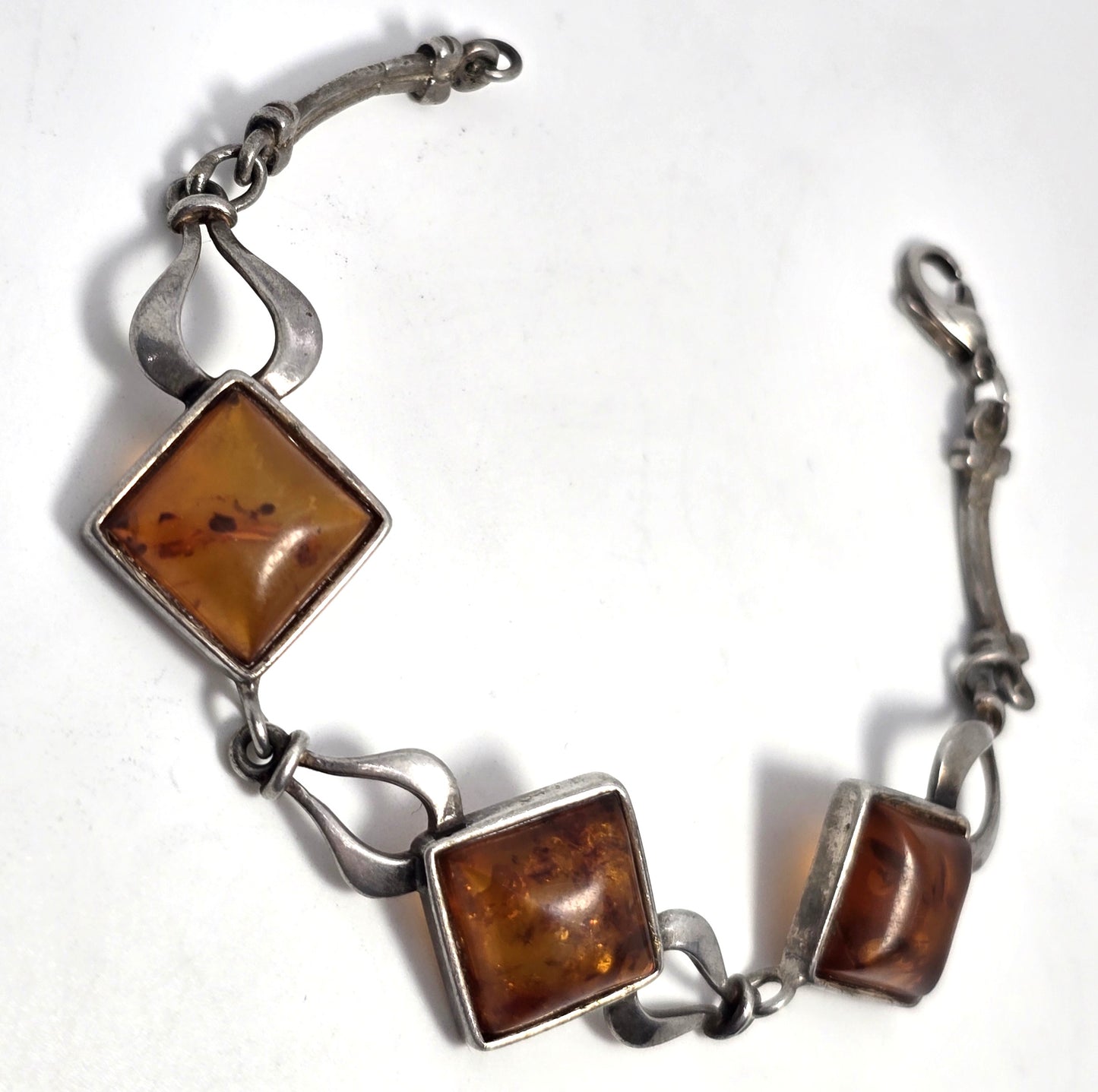 Modernist Baltic Amber Three panel vintage sterling silver tennis bracelet