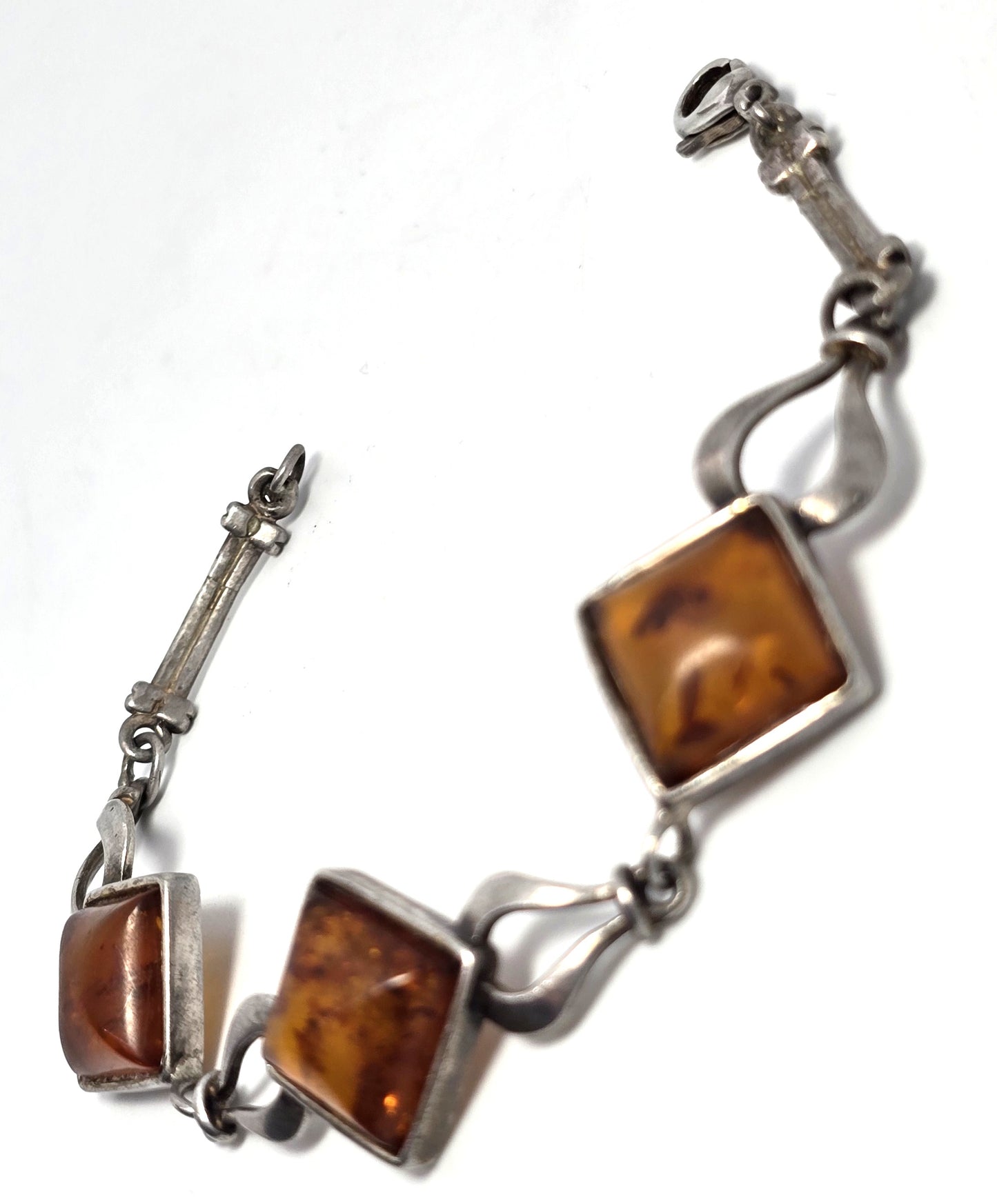 Modernist Baltic Amber Three panel vintage sterling silver tennis bracelet