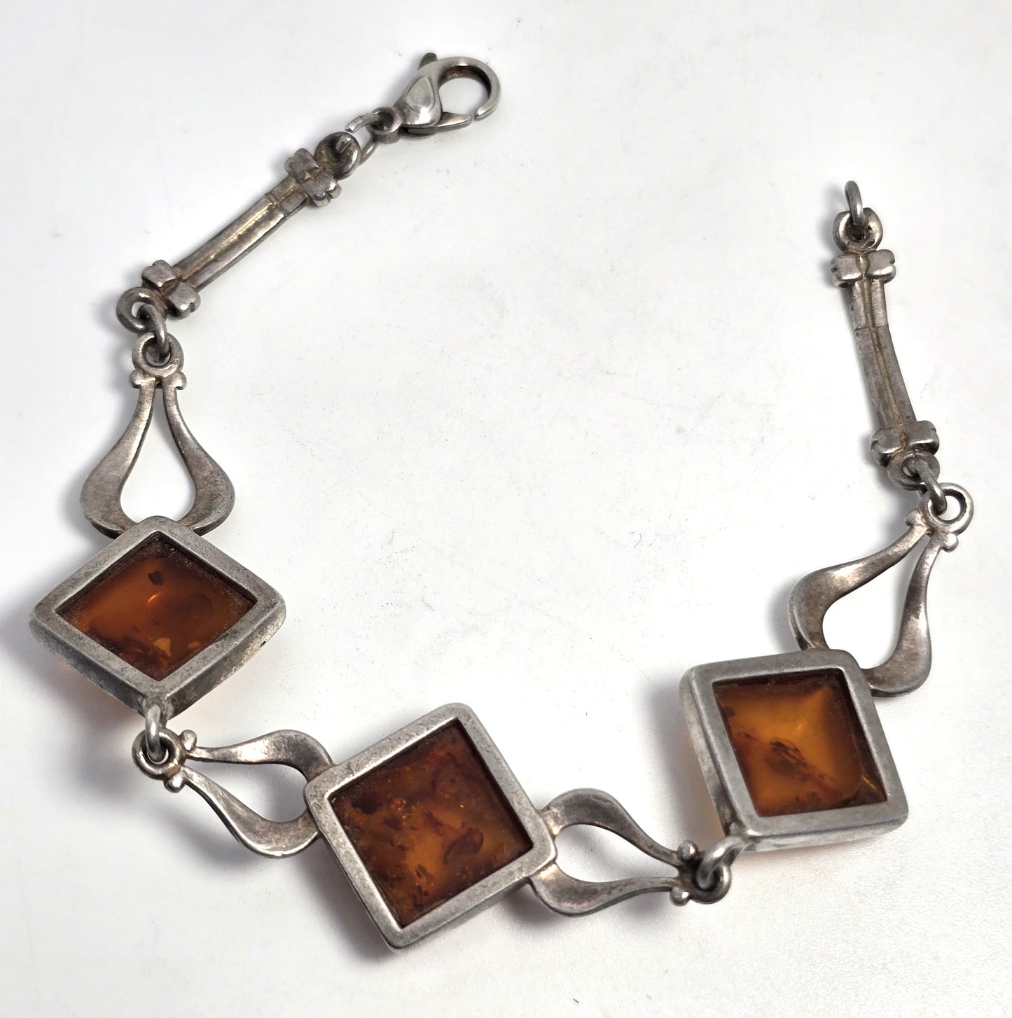 Modernist Baltic Amber Three panel vintage sterling silver tennis bracelet