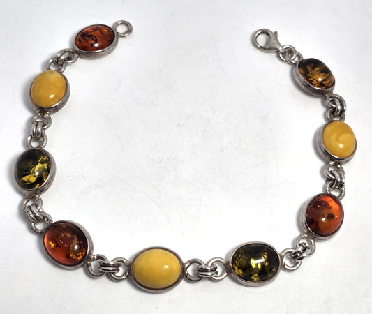 Three color Amber Baltic Amber, green, egg yolk sterling silver tennis bracelet