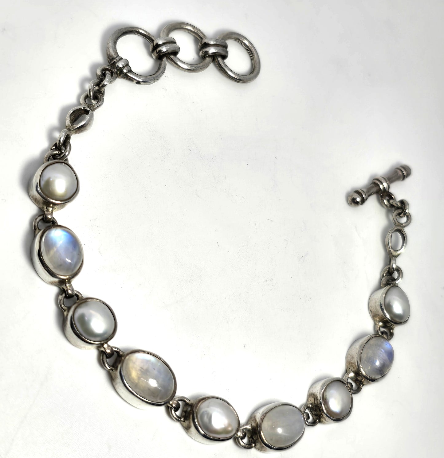 Starborn signed moonstone and pearl signed sterling silver 8" toggle bracelet