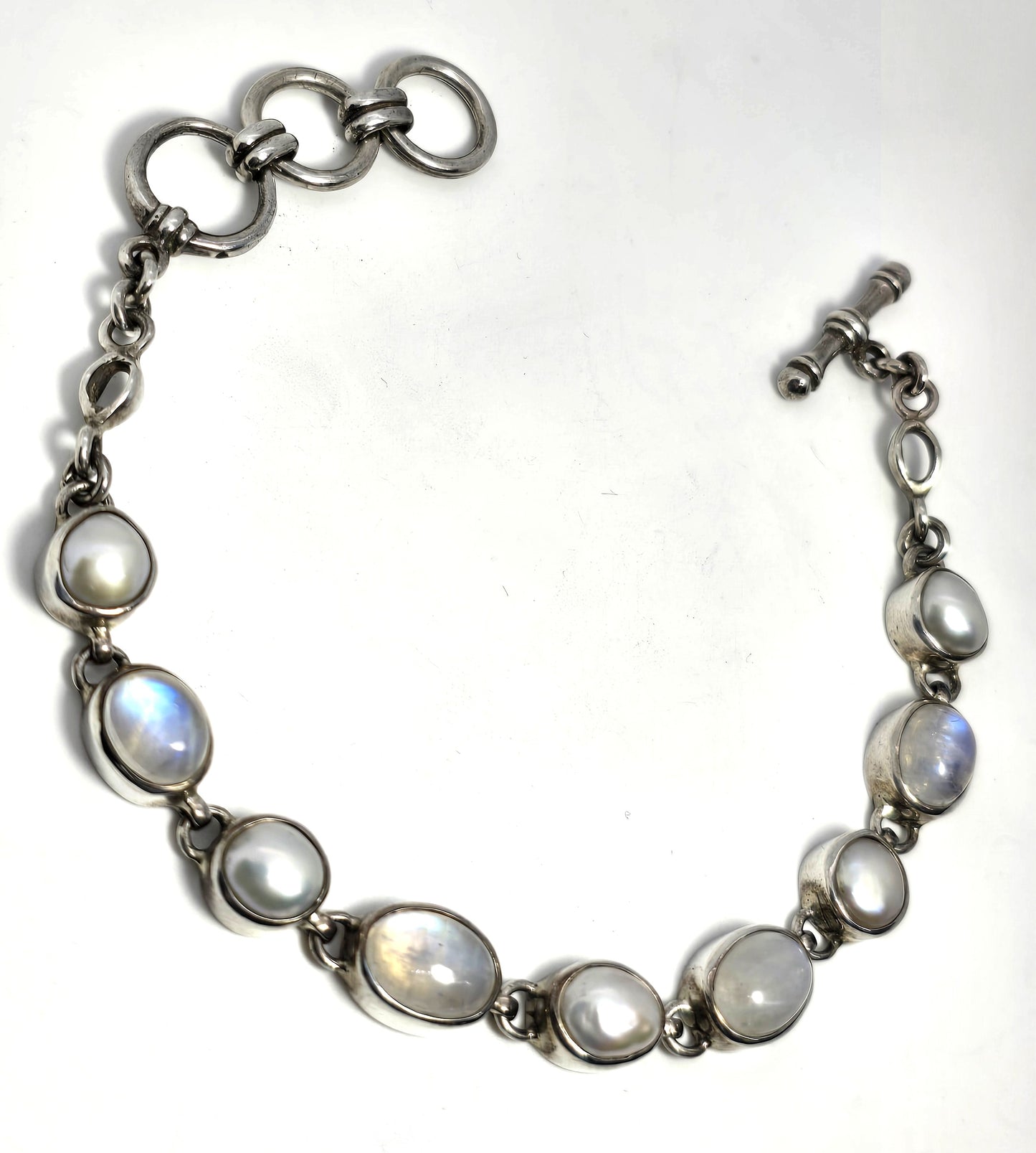 Starborn signed moonstone and pearl signed sterling silver 8" toggle bracelet