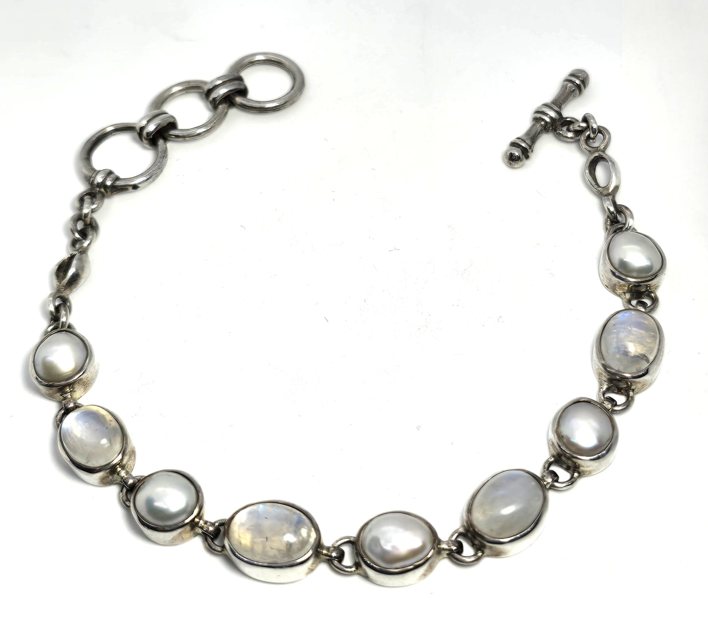 Starborn signed moonstone and pearl signed sterling silver 8" toggle bracelet