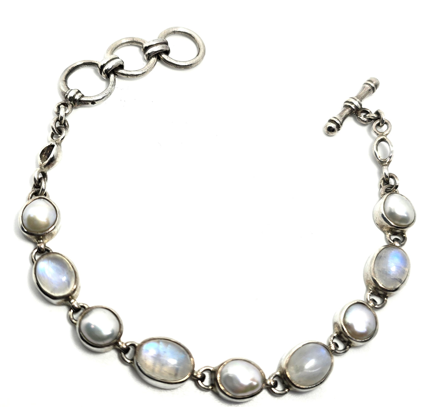Starborn signed moonstone and pearl signed sterling silver 8" toggle bracelet
