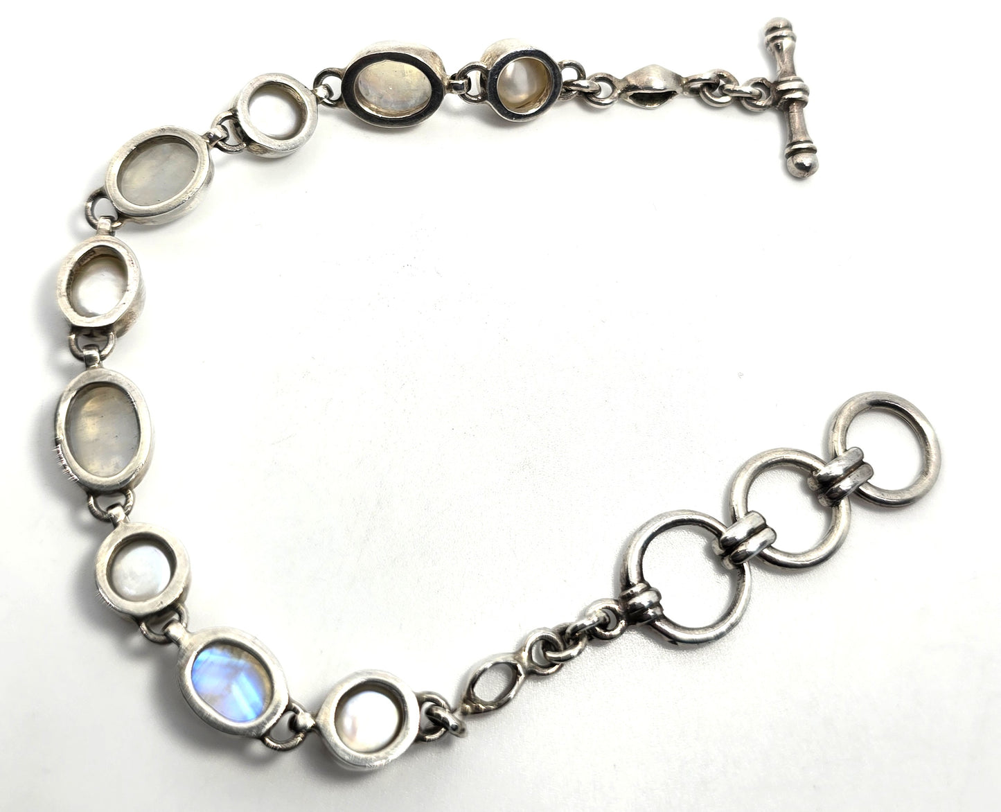 Starborn signed moonstone and pearl signed sterling silver 8" toggle bracelet