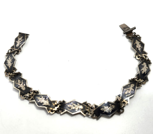 Siam Black Nielloware enamel Sheild Mekkala vintage sterling silver bracelet