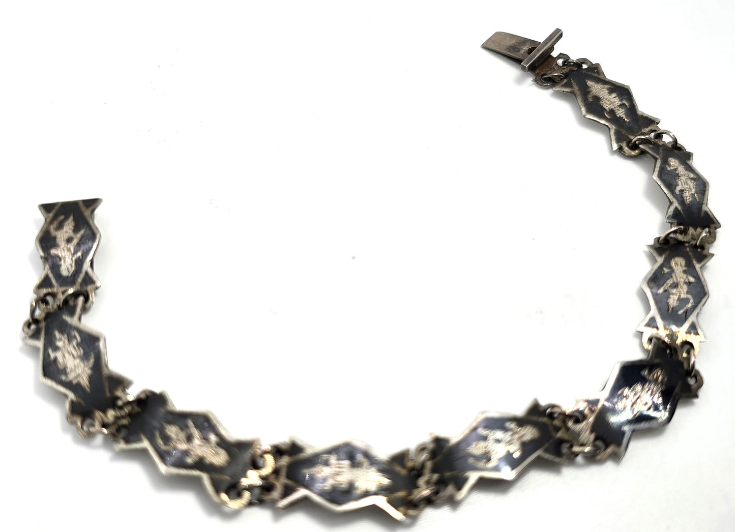 Siam Black Nielloware enamel Sheild Mekkala vintage sterling silver bracelet