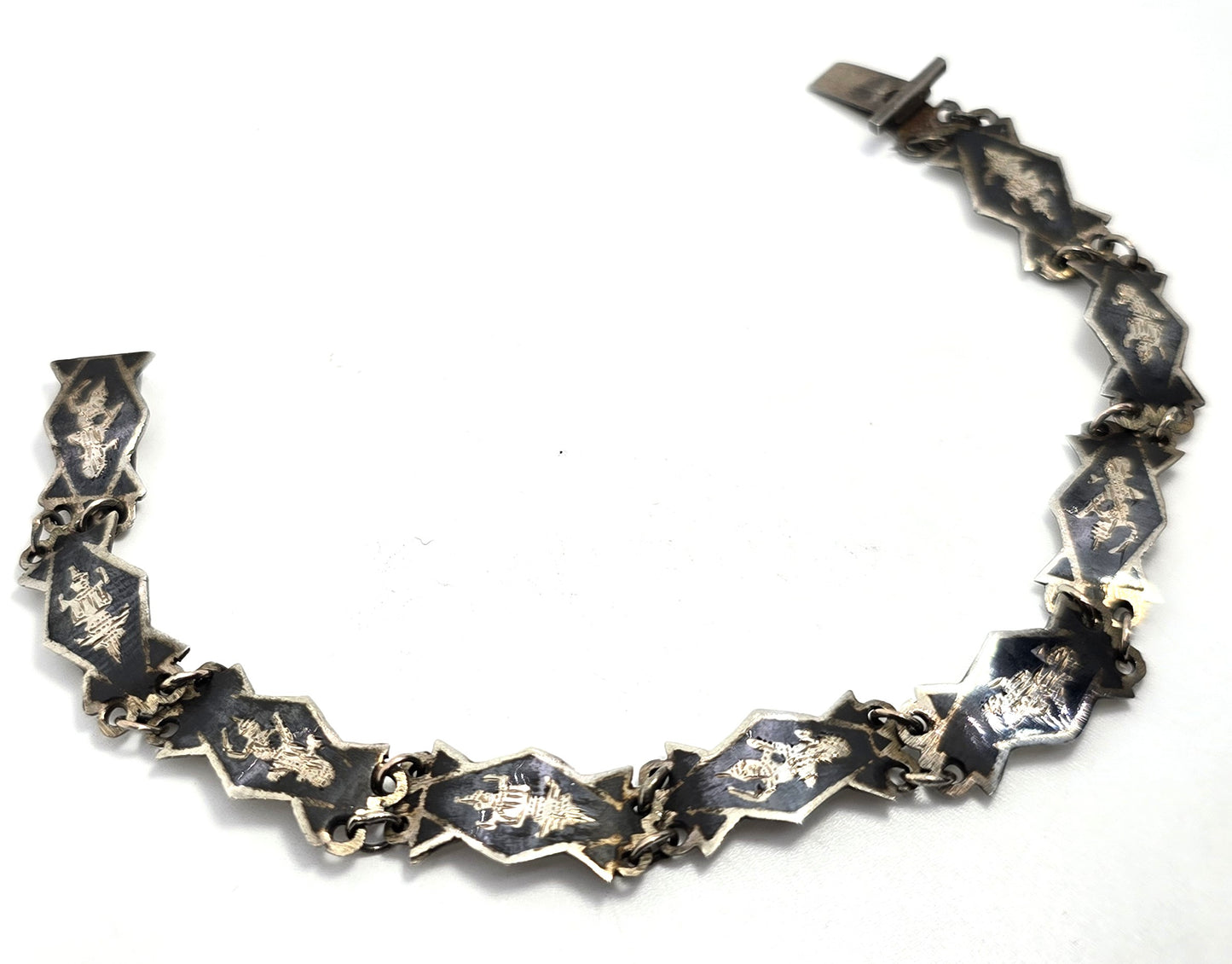 Siam Black Nielloware enamel Sheild Mekkala vintage sterling silver bracelet
