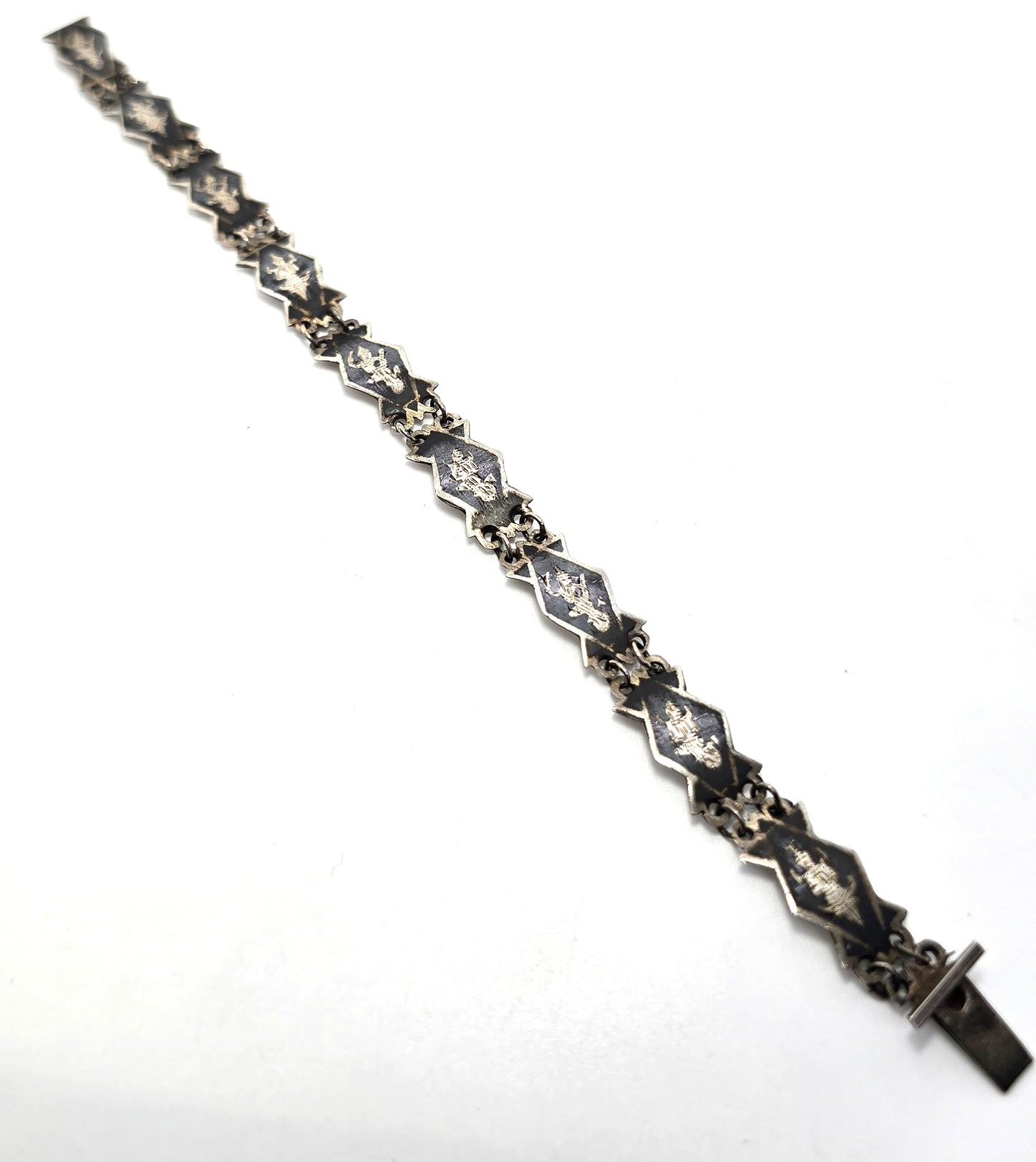 Siam Black Nielloware enamel Sheild Mekkala vintage sterling silver bracelet