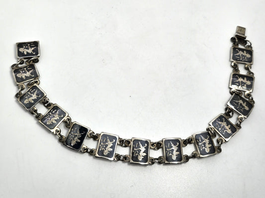 Siam Black Nielloware enamel Sheild Mekkala vintage sterling silver bracelet