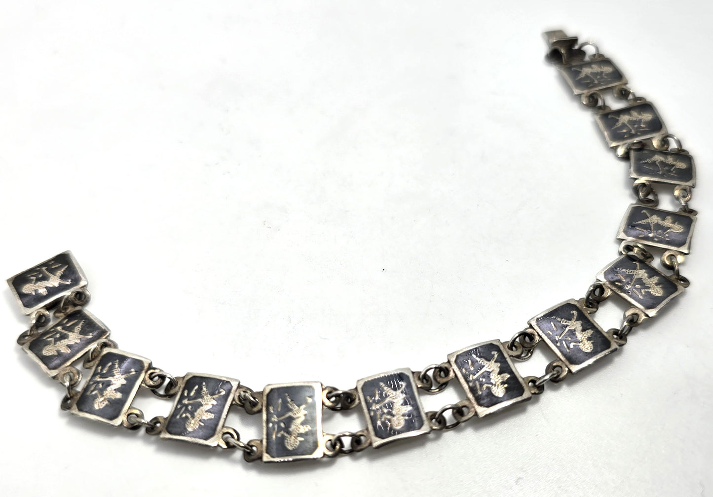 Siam Black Nielloware enamel Sheild Mekkala vintage sterling silver bracelet