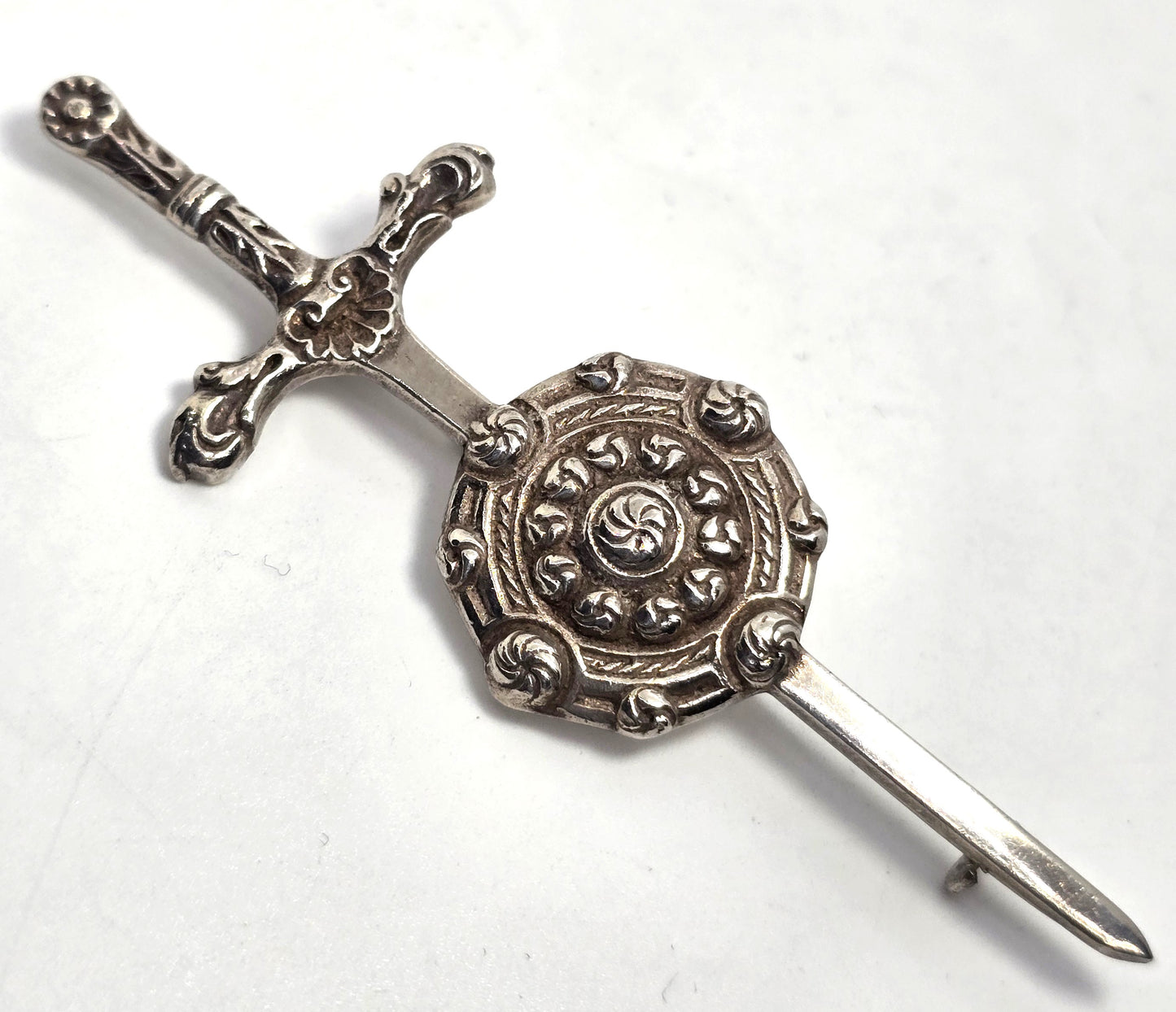 Robert Allison Scottish Sword and Shield vintage sterling silver kilt pin brooch