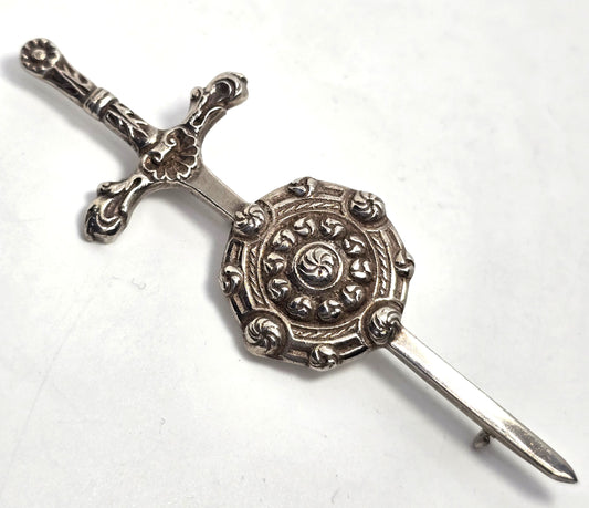 Robert Allison Scottish Sword and Shield vintage sterling silver kilt pin brooch