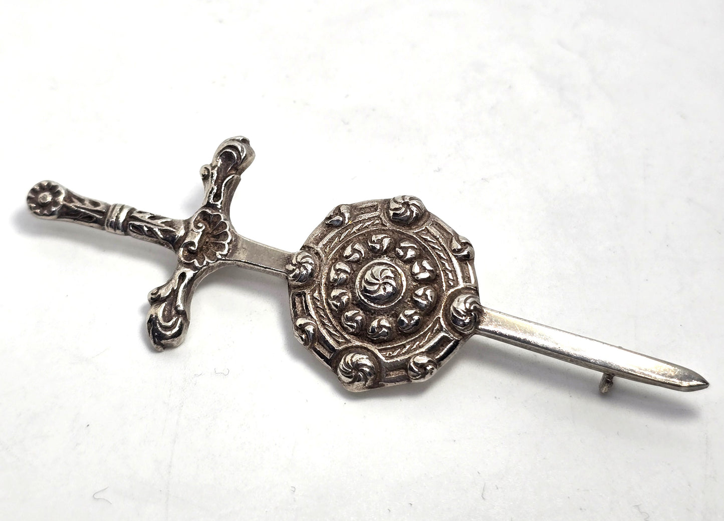 Robert Allison Scottish Sword and Shield vintage sterling silver kilt pin brooch