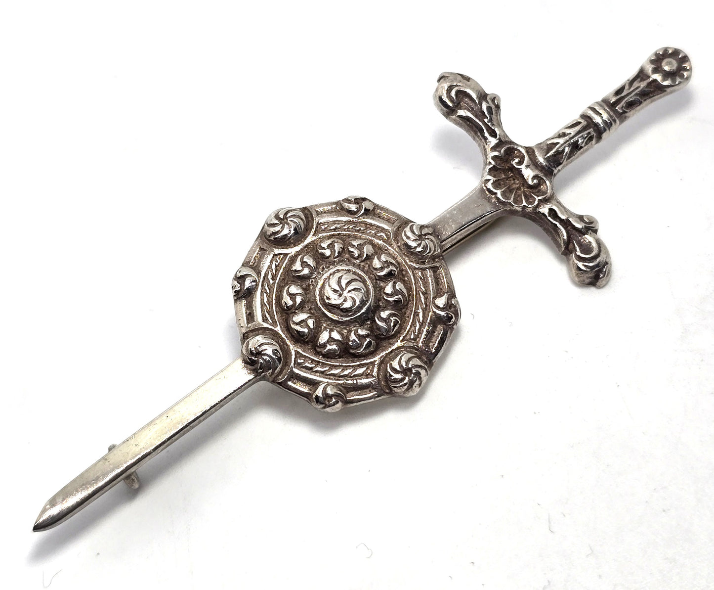 Robert Allison Scottish Sword and Shield vintage sterling silver kilt pin brooch