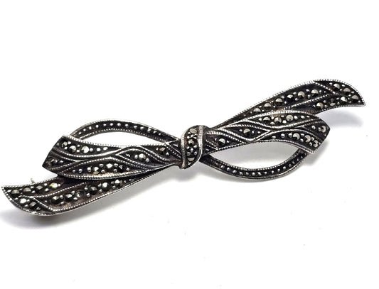 Ribbon bow marcasite vintage sterling silver open work brooch